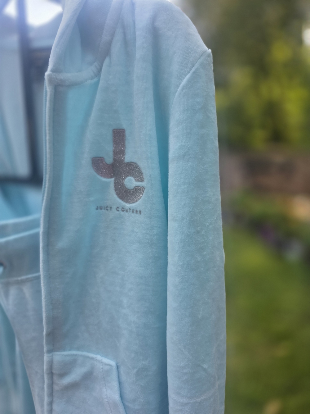 Juicy Couture Light Aqua Velour Hoodie with Glitter JC Logo